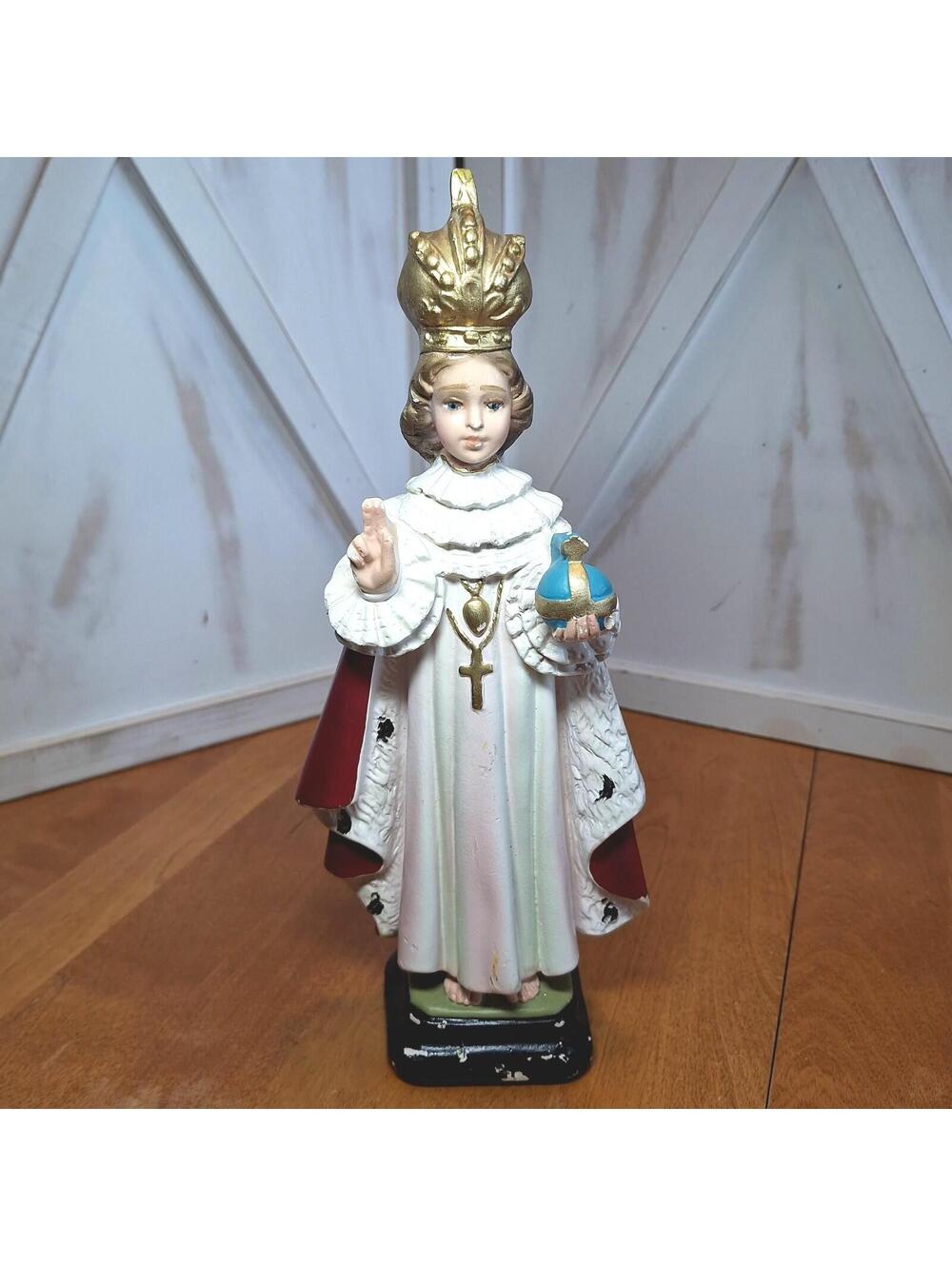 VTG Infant of Prague Religious Statue 12.5"H Figurine Boy Blonde Hair Blue Eyes